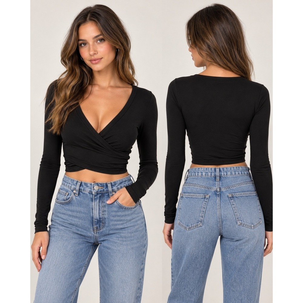 White Fox Crop Top Womens S Black Streetwear Wrap Back In Town Long Sleeve Slim